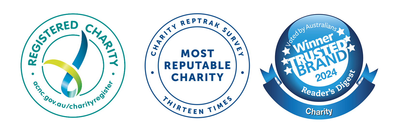 ACNC registered charity, Thirteen times most reputable charity, and Readers Digest 2024 trusted brand winner.